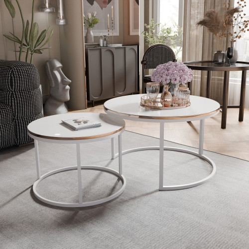 LAVO Table basse ronde 2en1 avec bordures dorées blanc brillant
